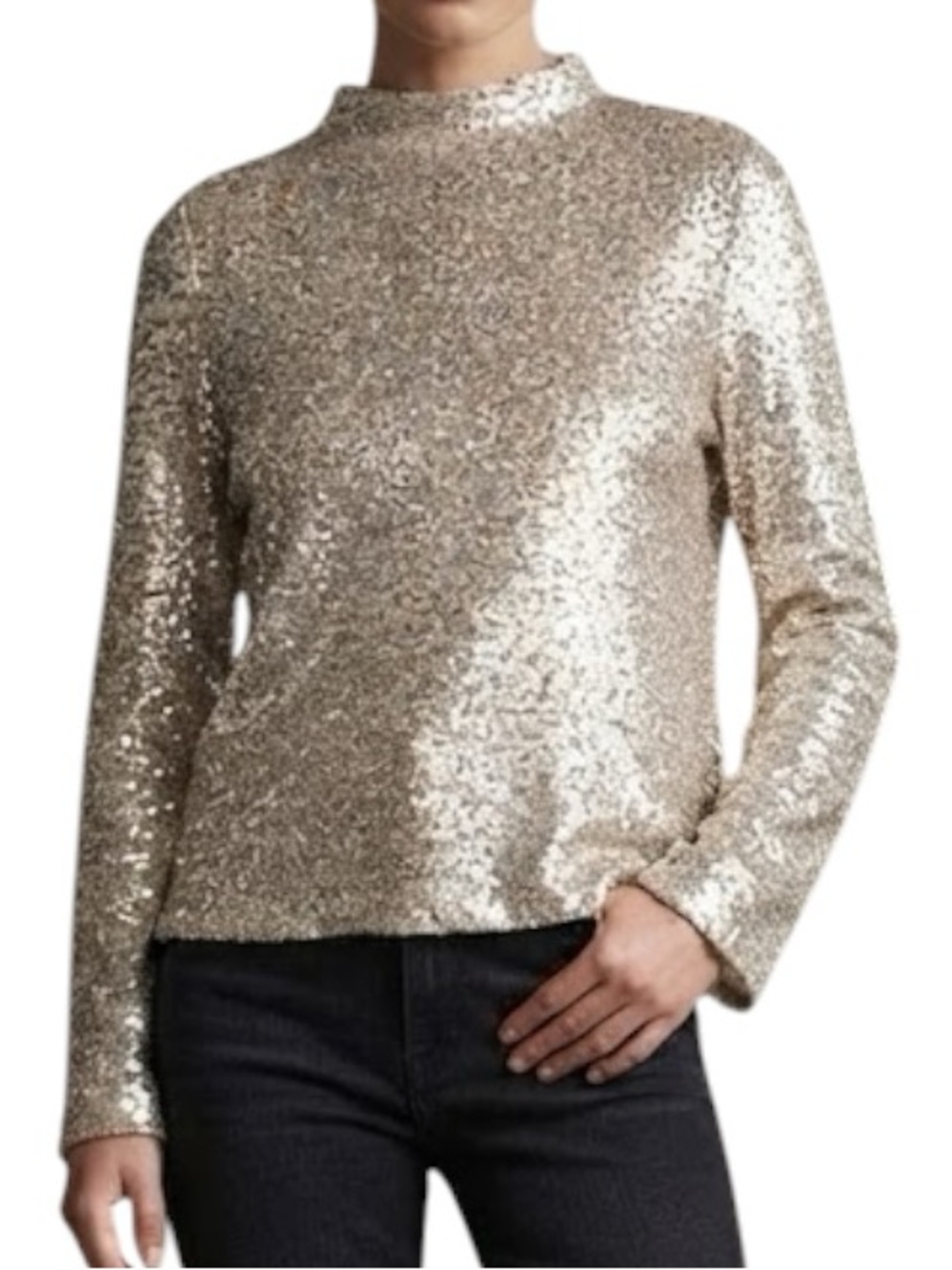 H&M Champagne Gold Sequin Long Sleeve Mock Neck Party Blouse Top Womens S M